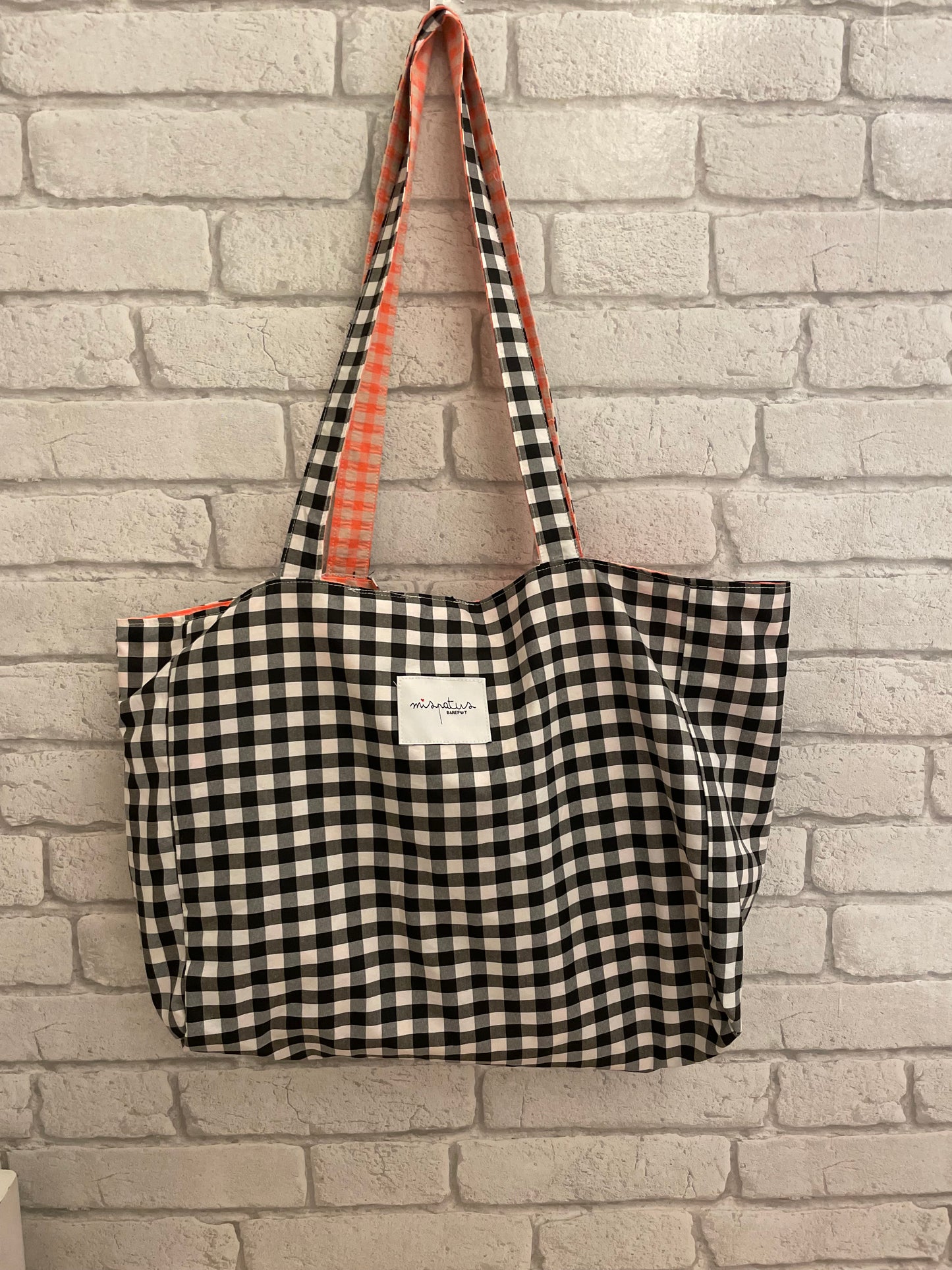 Bolso de Tela Hecho a Mano Reversible | Cuadro Vichy naraNja Fluor y Negro