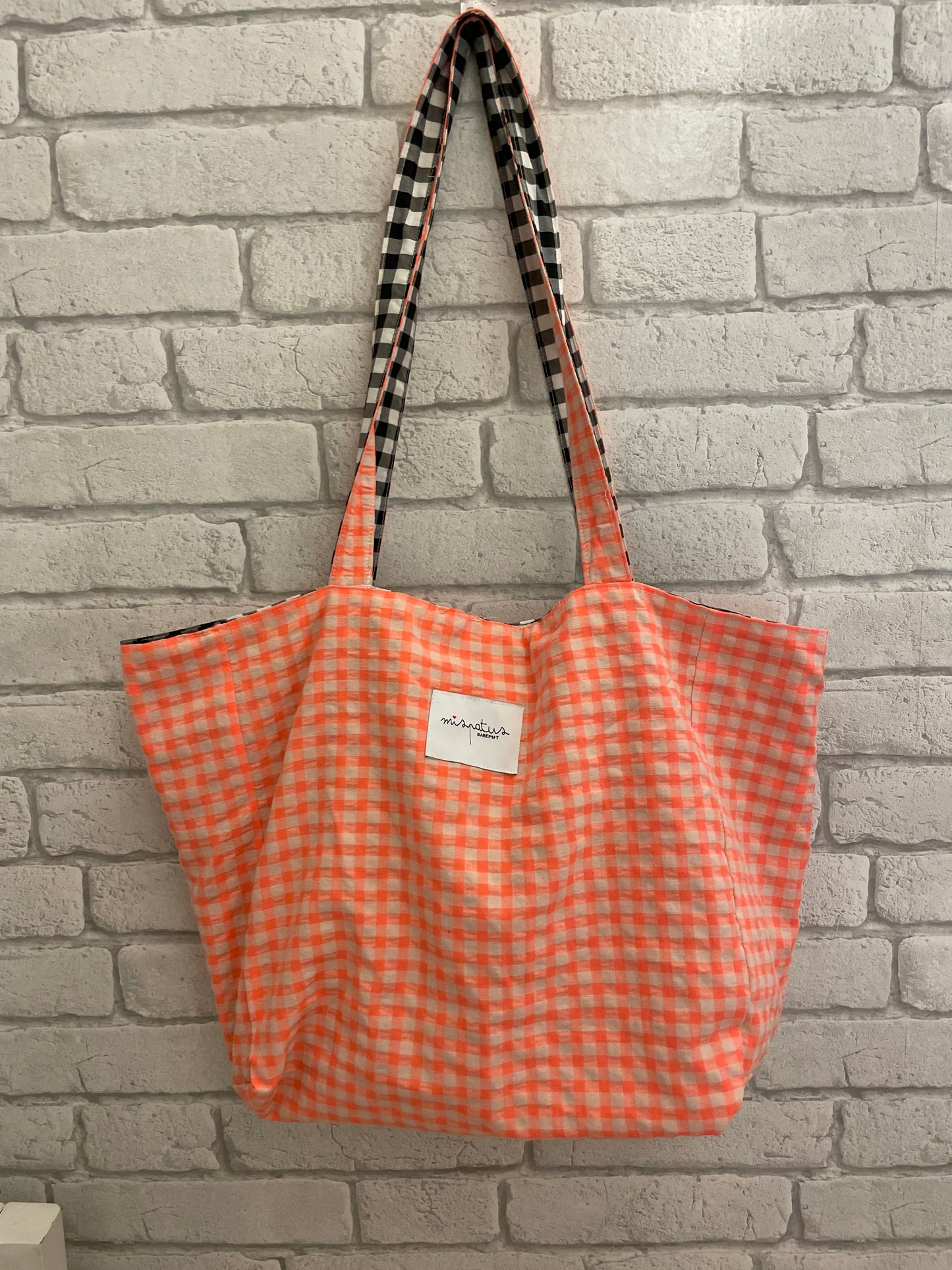 Bolso de Tela Hecho a Mano Reversible | Cuadro Vichy naraNja Fluor y Negro