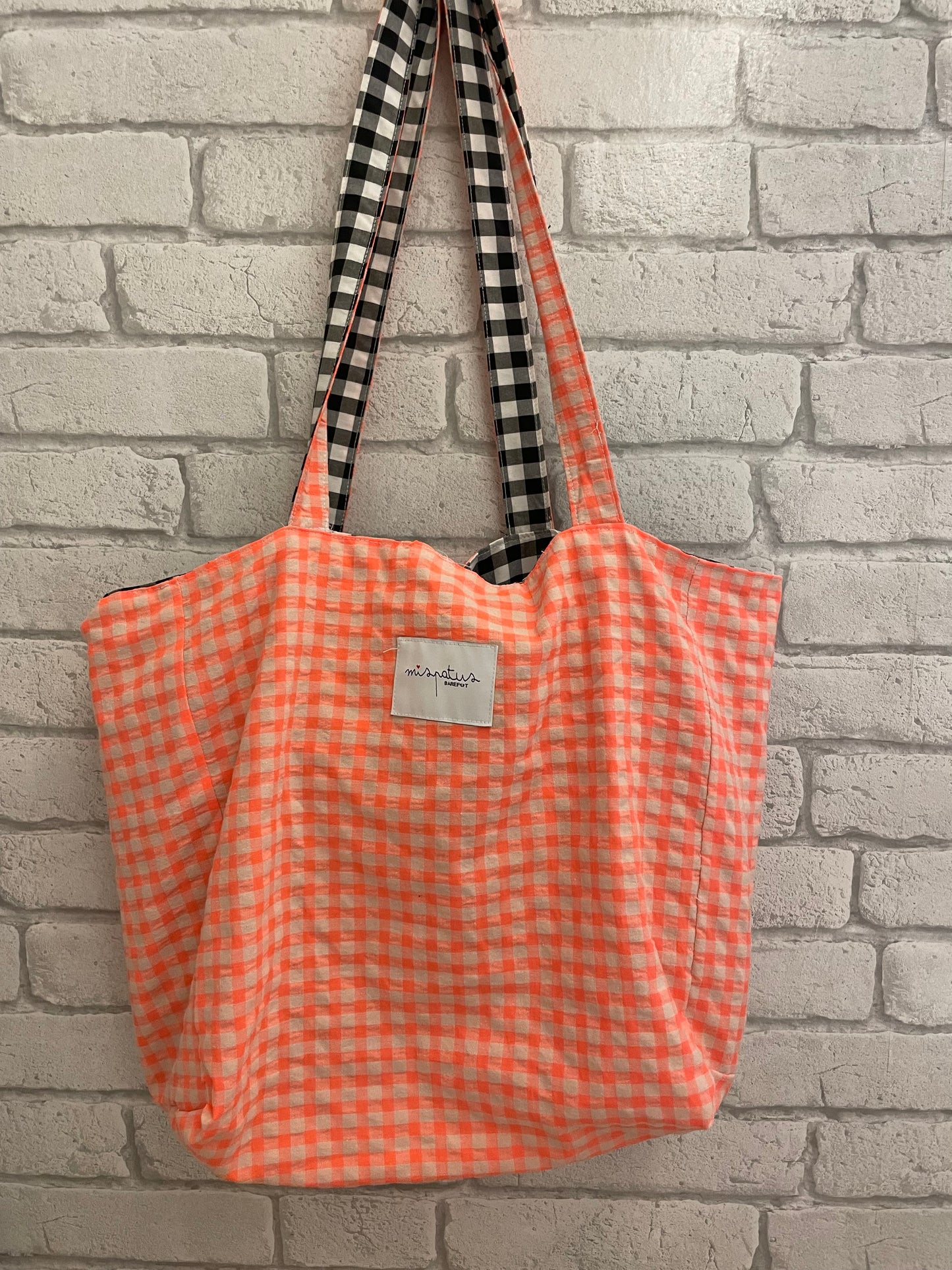 Bolso de Tela Hecho a Mano Reversible | Cuadro Vichy naraNja Fluor y Negro