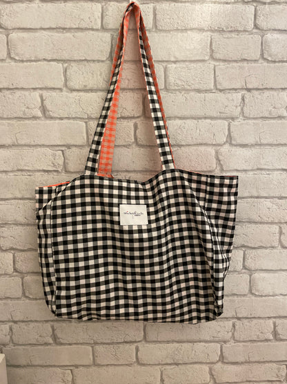 Bolso de Tela Hecho a Mano Reversible | Cuadro Vichy naraNja Fluor y Negro
