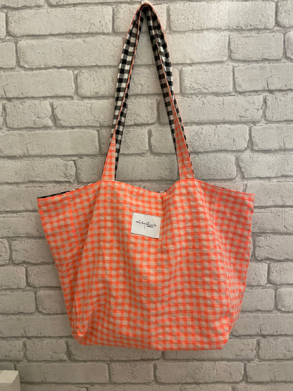 Bolso de Tela Hecho a Mano Reversible | Cuadro Vichy naraNja Fluor y Negro