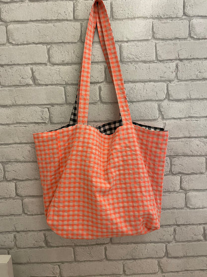 Bolso de Tela Hecho a Mano Reversible | Cuadro Vichy naraNja Fluor y Negro