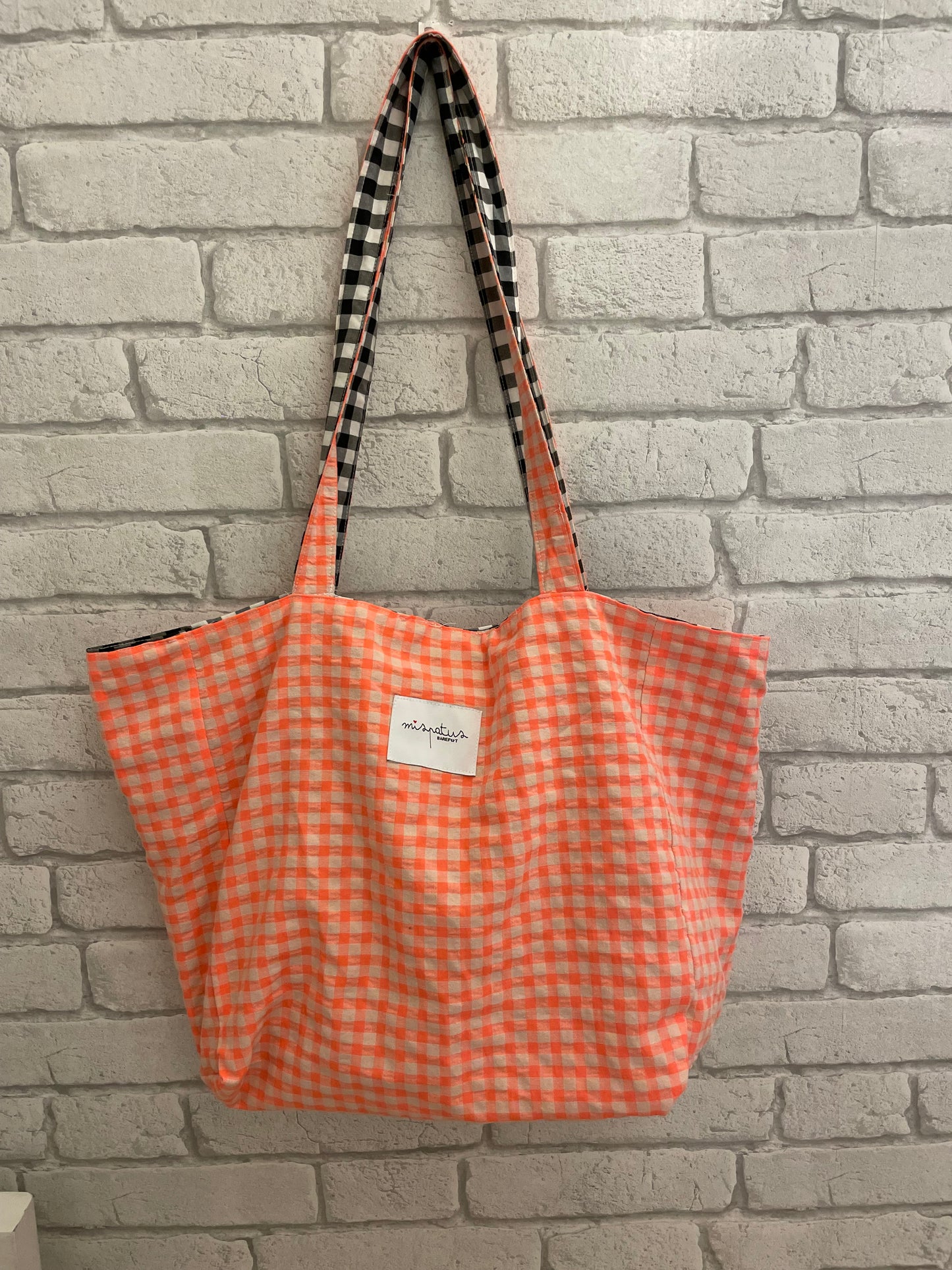 Bolso de Tela Hecho a Mano Reversible | Cuadro Vichy naraNja Fluor y Negro