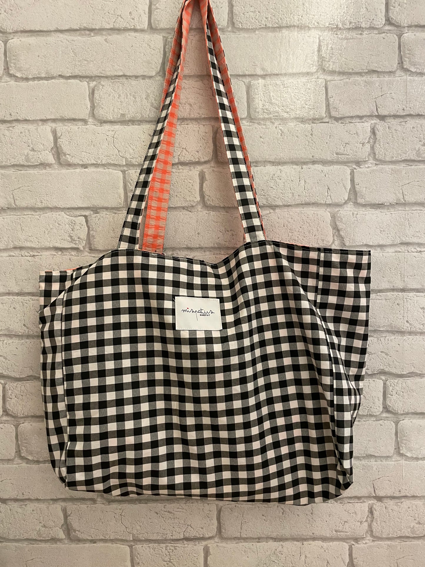 Bolso de Tela Hecho a Mano Reversible | Cuadro Vichy naraNja Fluor y Negro