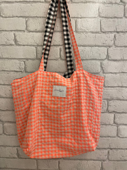 Bolso de Tela Hecho a Mano Reversible | Cuadro Vichy naraNja Fluor y Negro