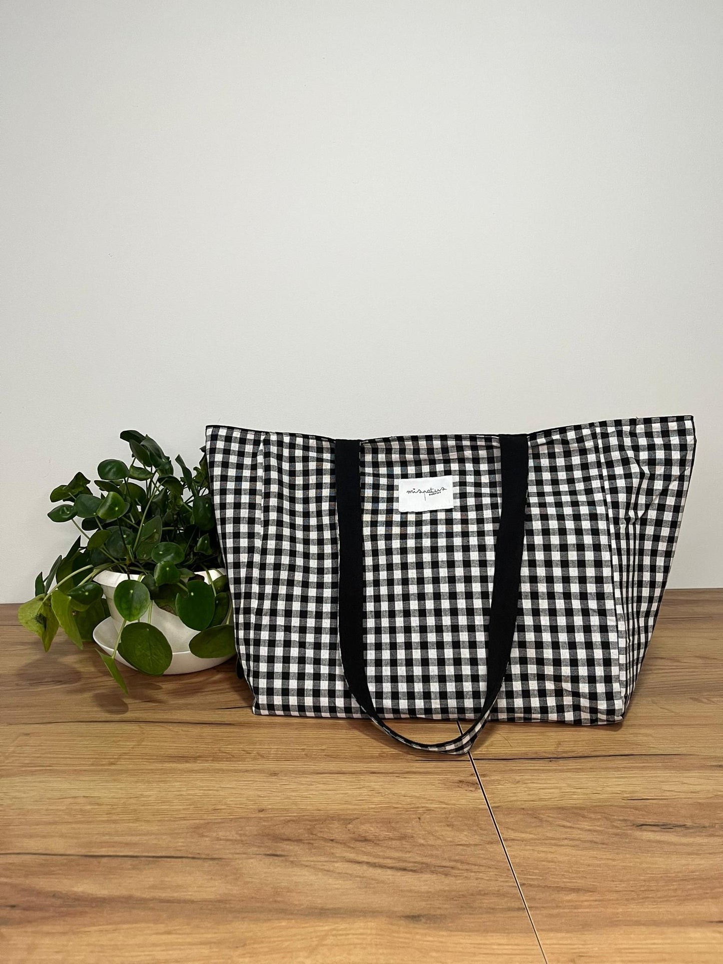 Bolso de Tela Hecho a Mano Reversible | Cuadro Vichy naraNja Fluor y Negro
